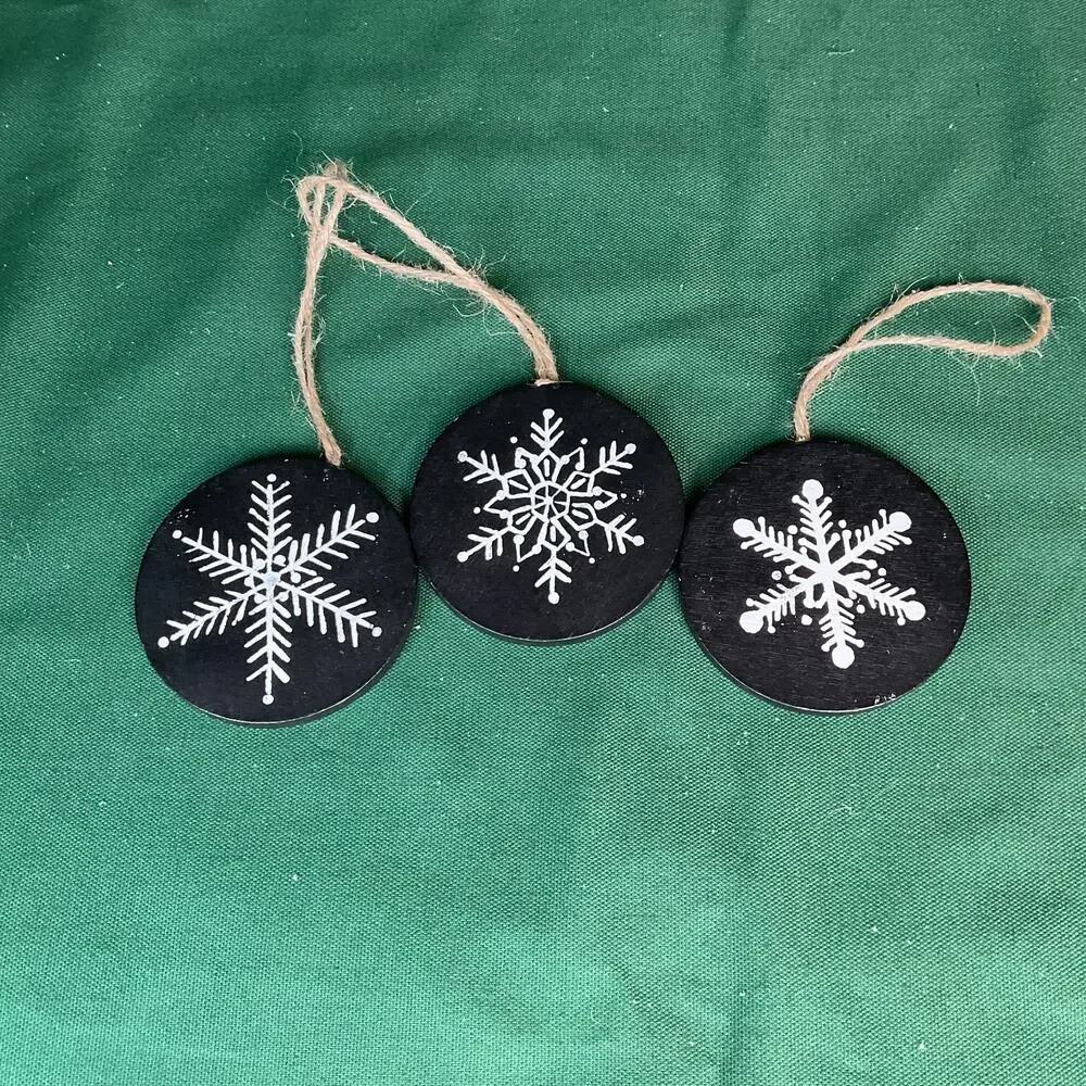 Set of 3 Black Wood Snowflake Christmas Ornaments Painted White Rustic